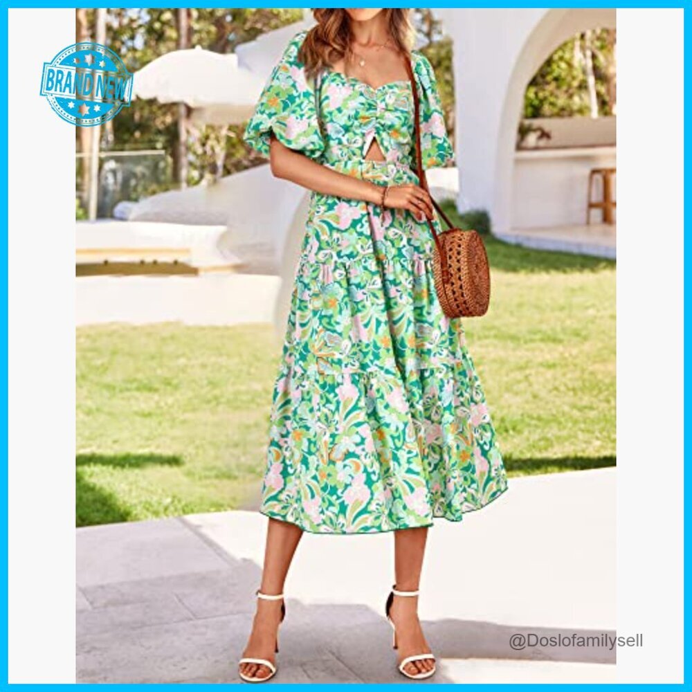Boho Maxi Dress Flowy Tiered Ruffle Hem Smocked Back Square Neck Casual - Picture 6 of 7